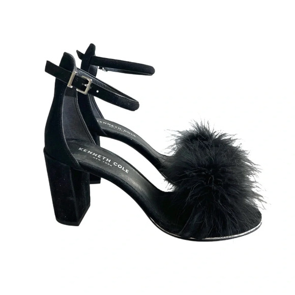 Kenneth Cole feather stripe open toe block chunky heel evening black sandals 5.5 - Picture 1 of 8